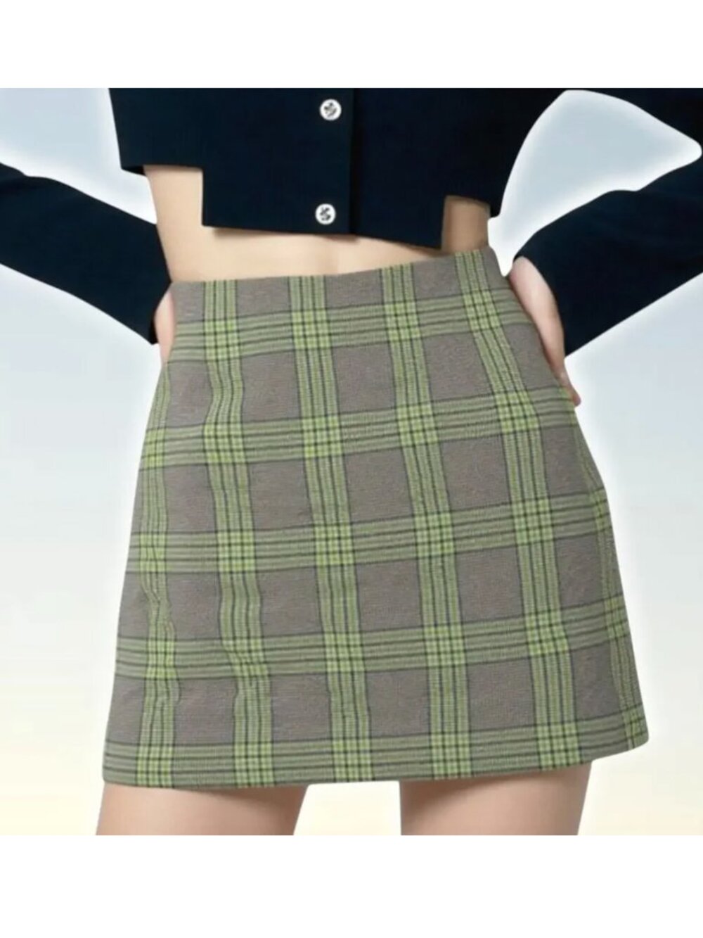 Wilfred Aritzia Green Grey Plaid Renee A-line Mini Skirt